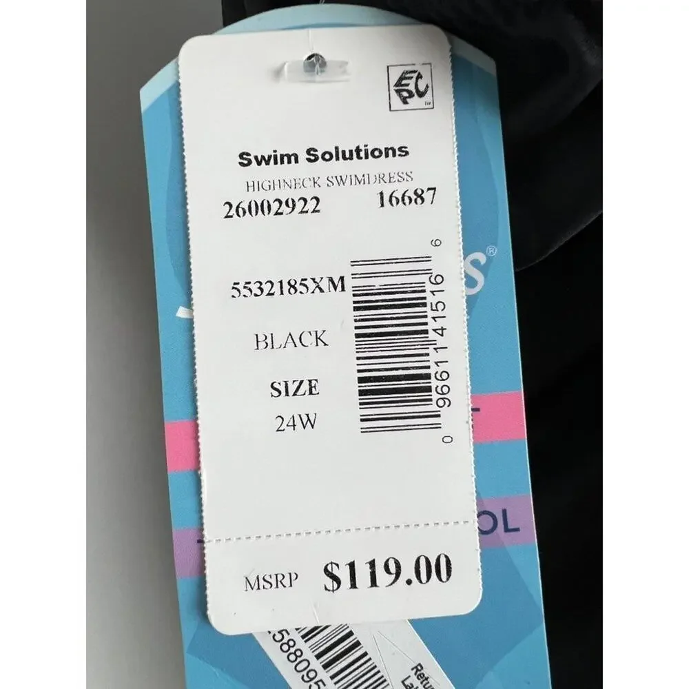 Swim Solutions Tummy Control Black Mesh Scalloped Hem Plus Size Swim Dress 24W - Picture 7 of 10